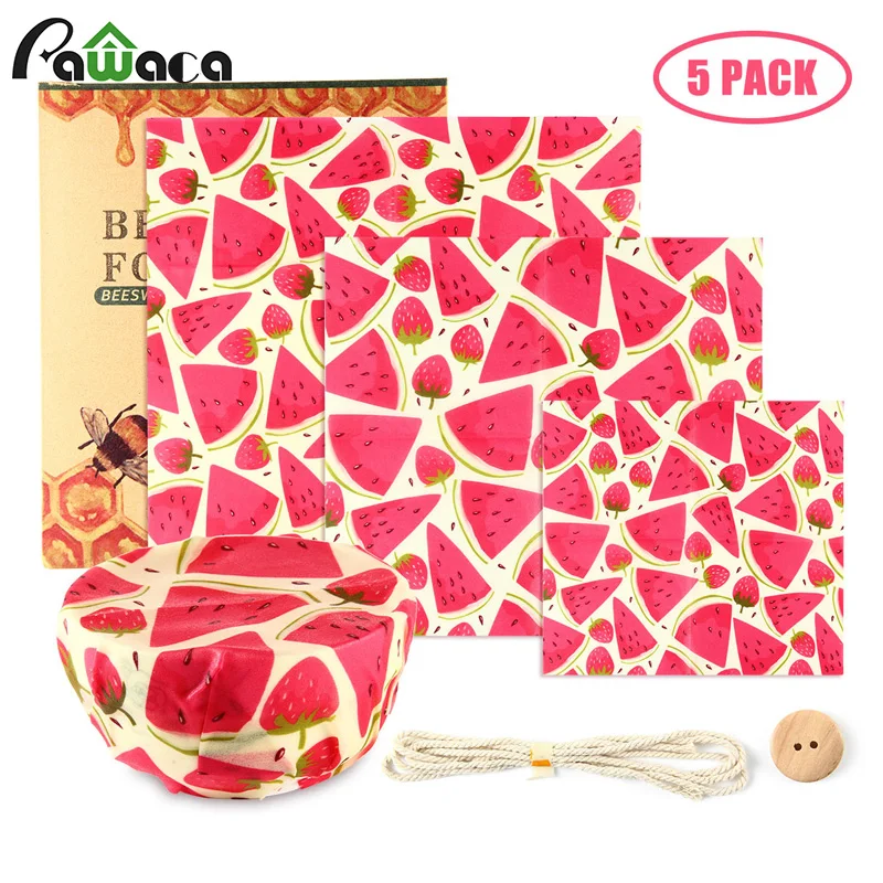 

5pcs Watermelon Lemon Reusable Beeswax Food Storage Wraps organic Beeswax Wrap Lid Bowl Cover Sandwich Wrap with Button and Rope