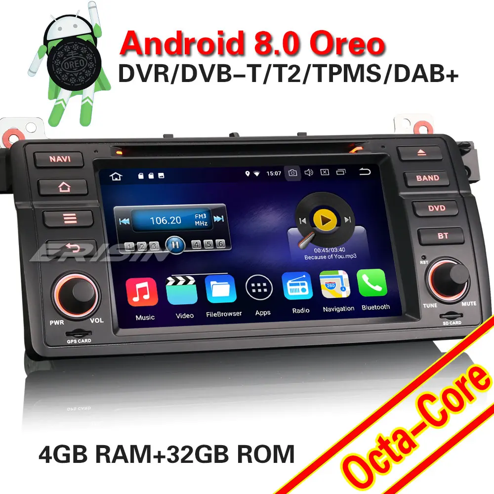 Erisin ES8846B 7 &quotAndroid 8 0 Восьмиядерный 4G ram автомобильный DVD gps радио DVR DAB + для BMW 3er E46 Rover