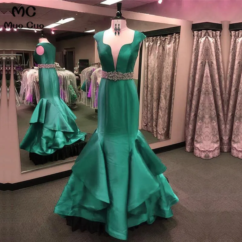 

Elegant Teal Mermaid Evening Dresses V-Neck Prom Party Dress Satin Ruffles Robe De Soiree Longue Evening Dress for Women