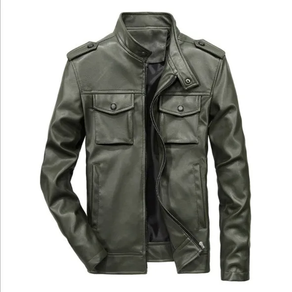 Осенняя Байкерская кожаная куртка большого размера для мужчин, приталенная куртка из искусственной кожи, зимние мужские кожаные куртки, пальто черного, коричневого цвета, 6XL - Цвет: Армейский зеленый