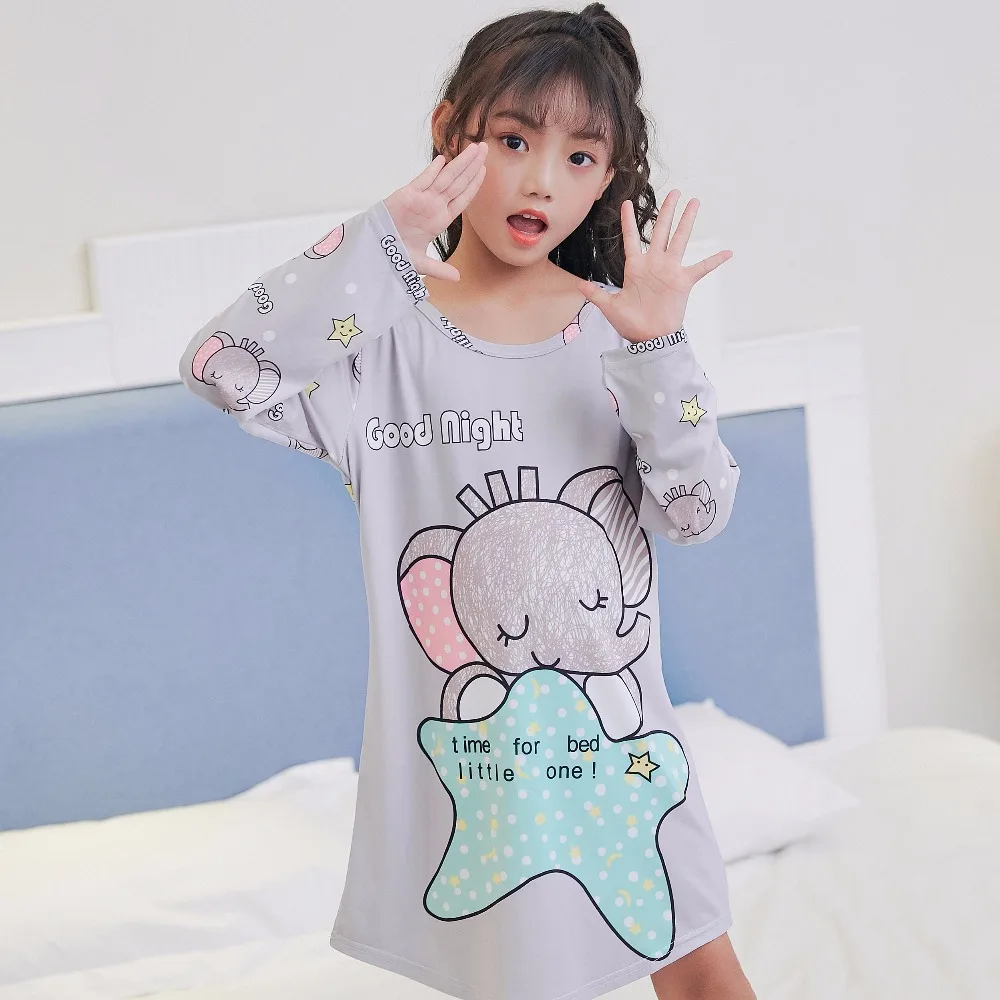 Весенне-осенняя ночная рубашка для больших девочек, Пижамы Детская ночная рубашка с длинными рукавами, милое детское спальное платье с рисунком для девочек, HX1173