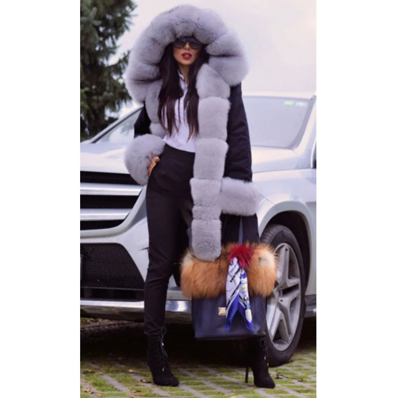 TOPFUR Winter Warm Fur Jacket Long Parkas Luxury Women Real Fur Parka Natural Fox Fur Collar And Cuff With Rabbit Fur Lining