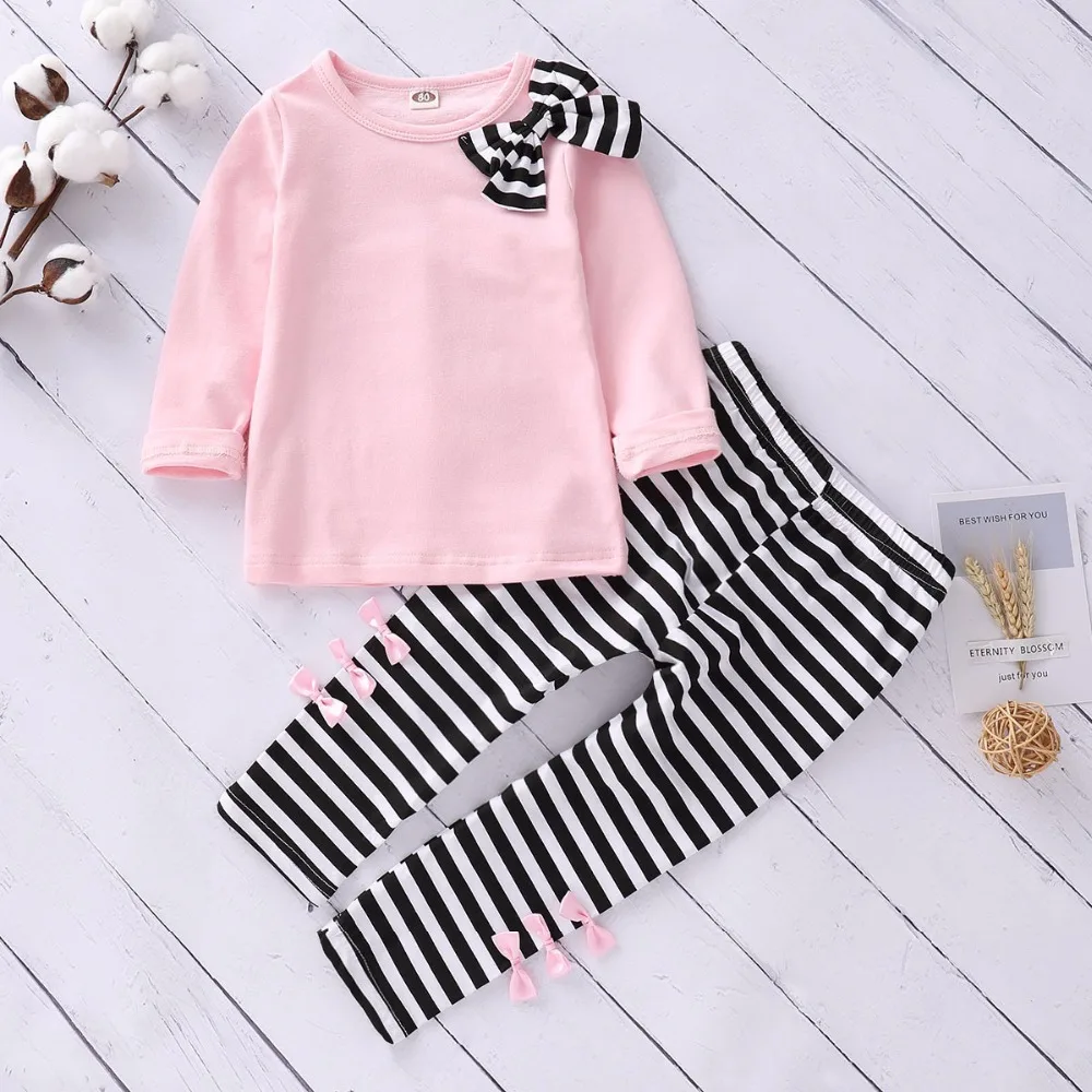 Kids clothes for Girls Pink Pullover Long sleeve Shirt +Striped Pants