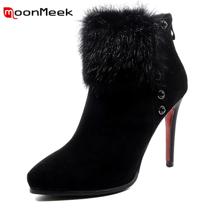 

MoonMeek 2020 HOT ladies cow suede leather boots fashion thin heel pointed toe ankle boots woman winter boots super high heel