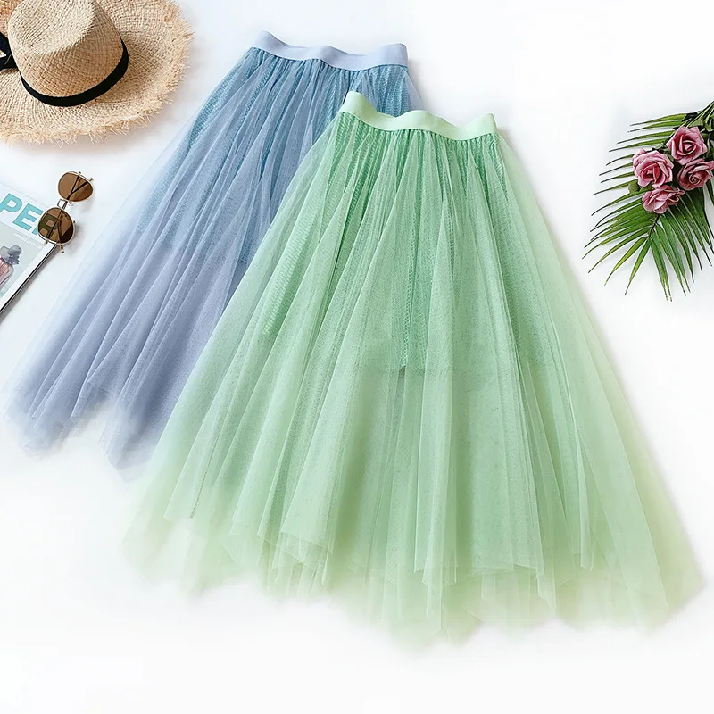 

AcFirst Summer New Blue Green Women Skirts Mesh High Waist A-Line Mid-Calf Sexy Long Skirts Clothing Asymmetrical Mesh