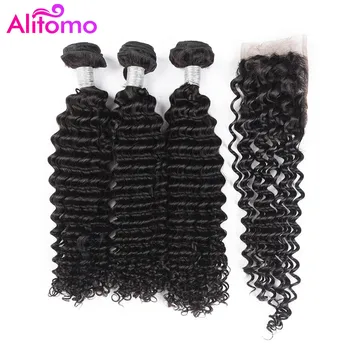

Alitomo 4x4 Lace Closure With Bundles Brazilian Deep Wave Human Hair Bundles With Closure Human Hair Remy Hair