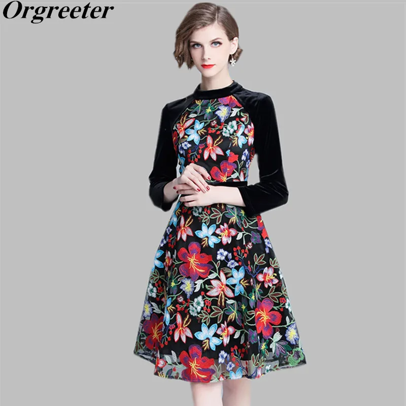 

Luxury Flower Embroidery Dress Vintage Mesh Velvet Stitching Slim A-line Black Dress Elegant OL Casual dress Party Dress S-XXL