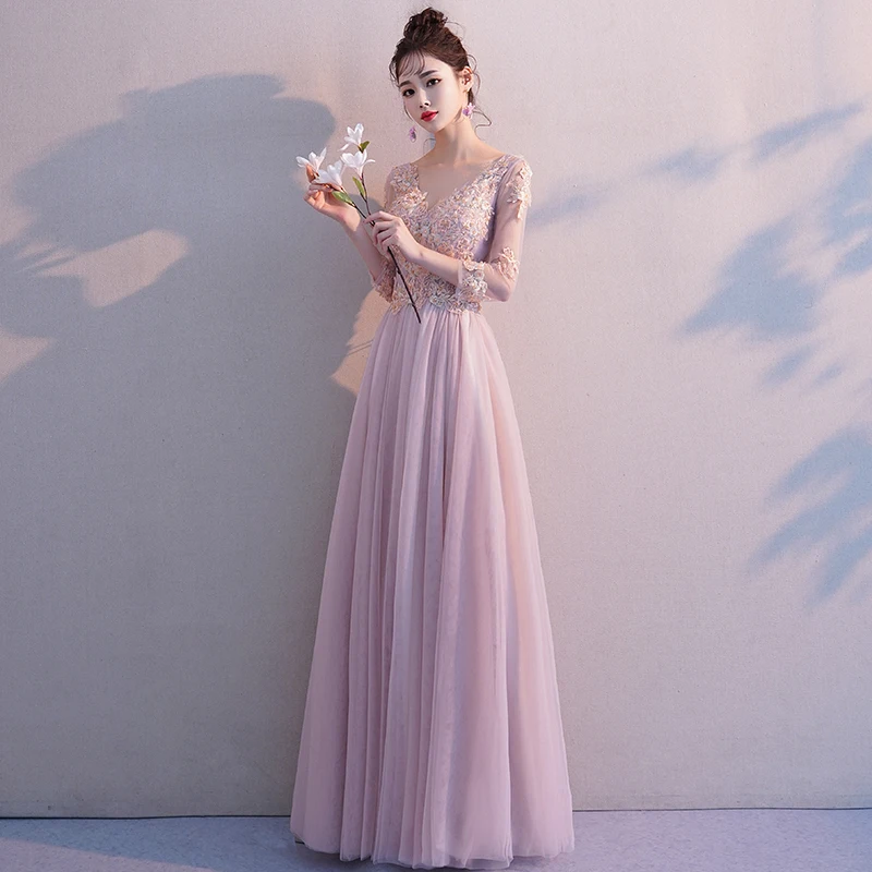 SSYFashion New Evening Gowns Nude Pink V-neck 3/4 Sleeves Lace Appliques Beading Floor-length Banquet Elegant Formal Dresses pink ball gown