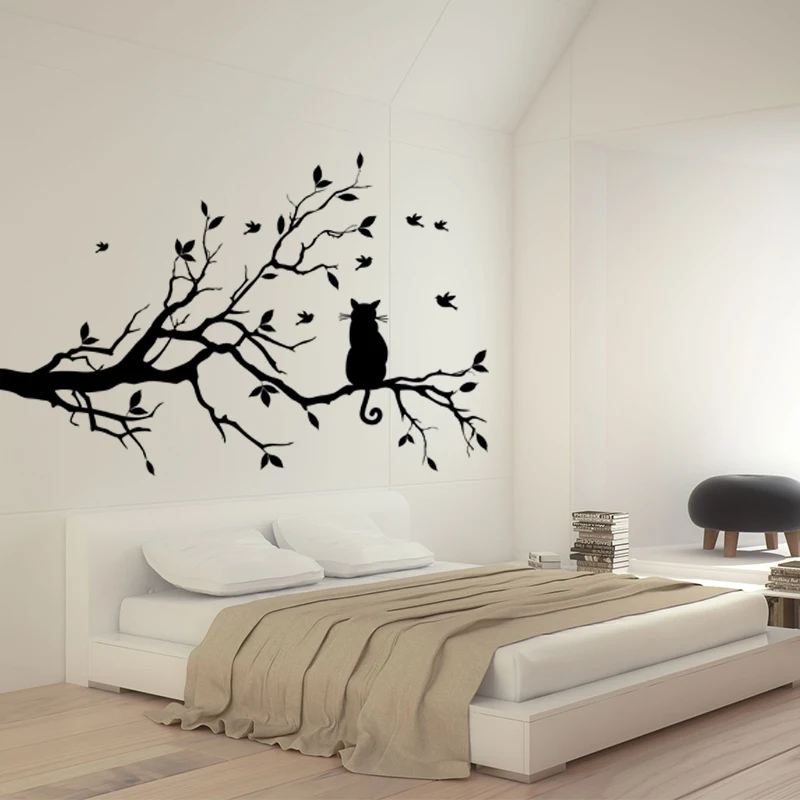 Cat On Tree Branch Birds Vinyl Wall Sticker Art Decorative Stickers Glass Window Sticker Kitchen Wall Stickers Home Decor A017