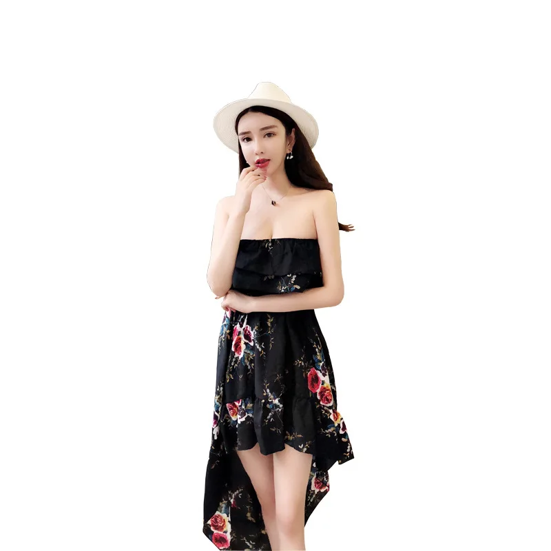 2018 New Summer Women's  Sexy  Printing  Ruffles Tops  Irregular Paty Dress Free Shipping