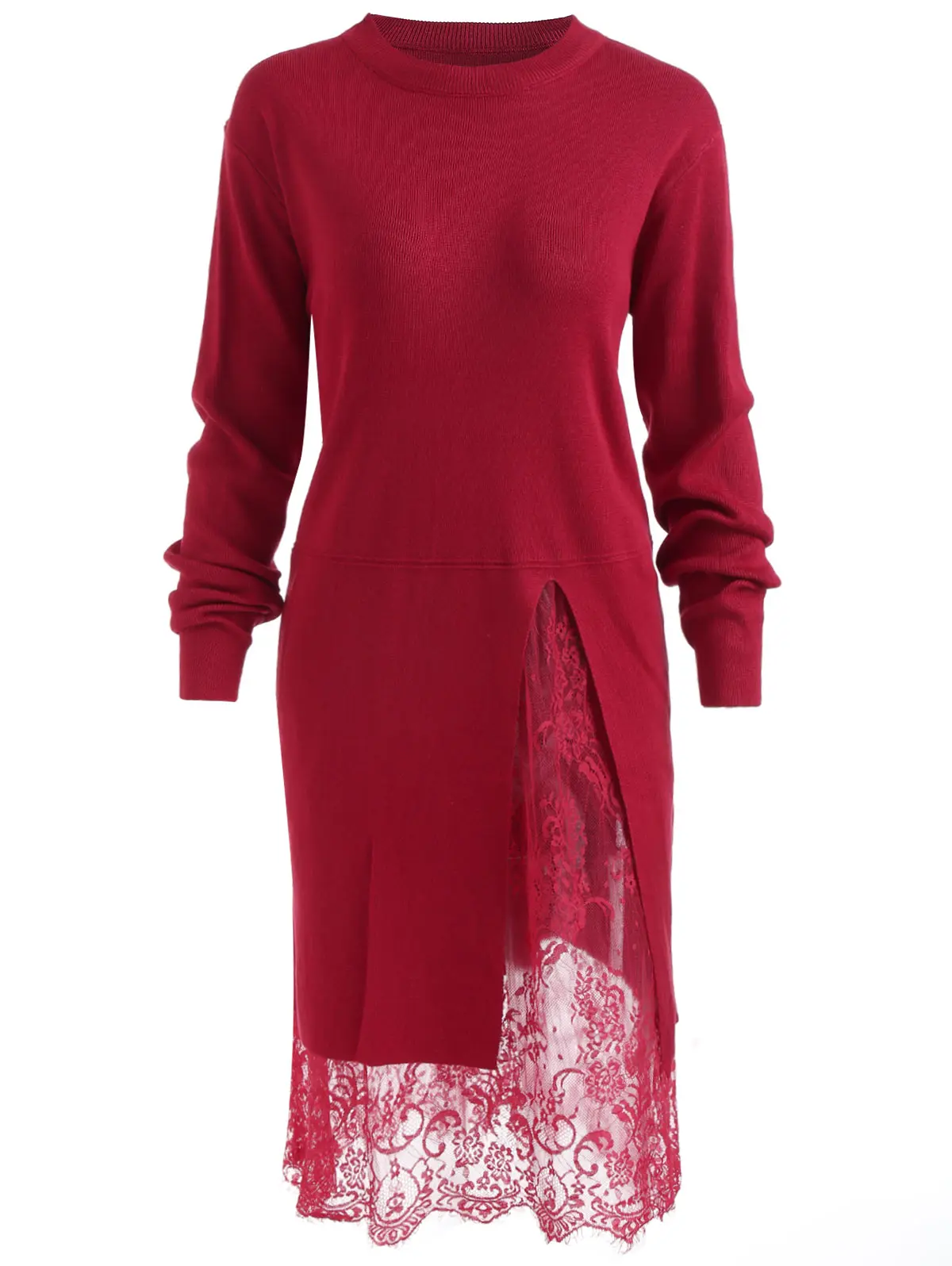 

Plus Size Autumn Winter Women Sweater Dress Long Sleeve Elastic Slim knitted dress Lace Panel Casual Bodycon Dresses Red