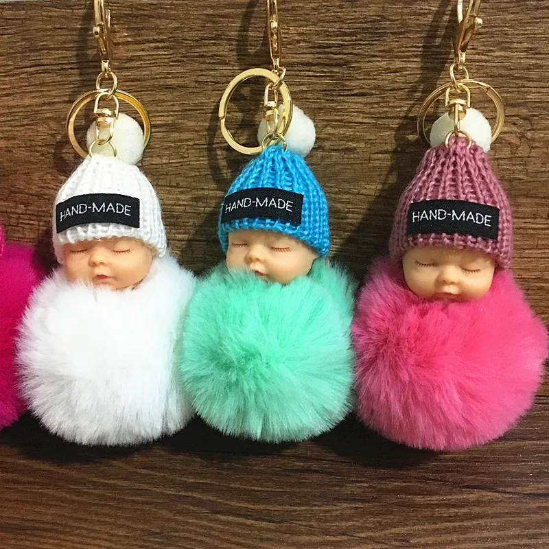 

1Pcs Cute Fluffy Sleeping Baby Keychain Pompom Rabbit Fur Ball Key Chain Car Keyring Women Key Holder Bag Pendant Charm Jewelery