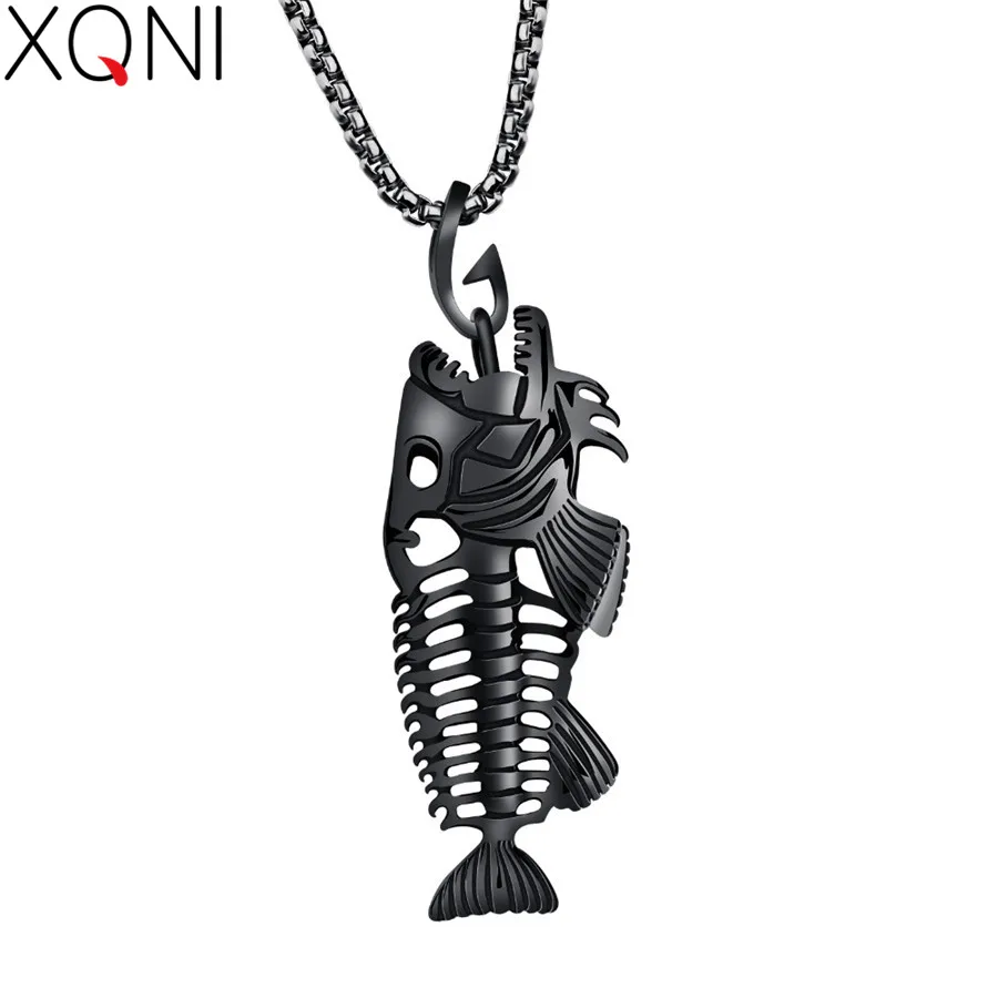 

XQNI Fish Bone & Fishing Hook Pendant Necklaces Punk Style Men 316L Steel Link Chain Silver/gold/Black Color Personality Jewelry