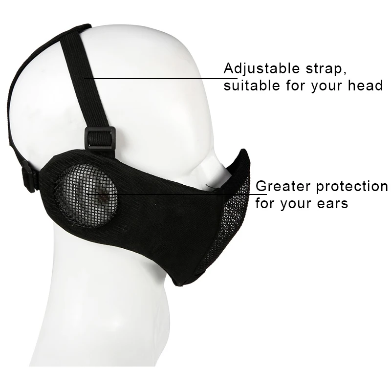 Outdoor Tactical Steel Mesh Mask Breathable Hunting Airsoft Paintball Cycling Half Face Mask Protective Strap Face Cover