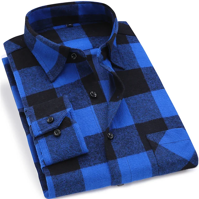 Men Plaid Shirt 100% Cotton Spring Autumn Casual Long Sleeve 3