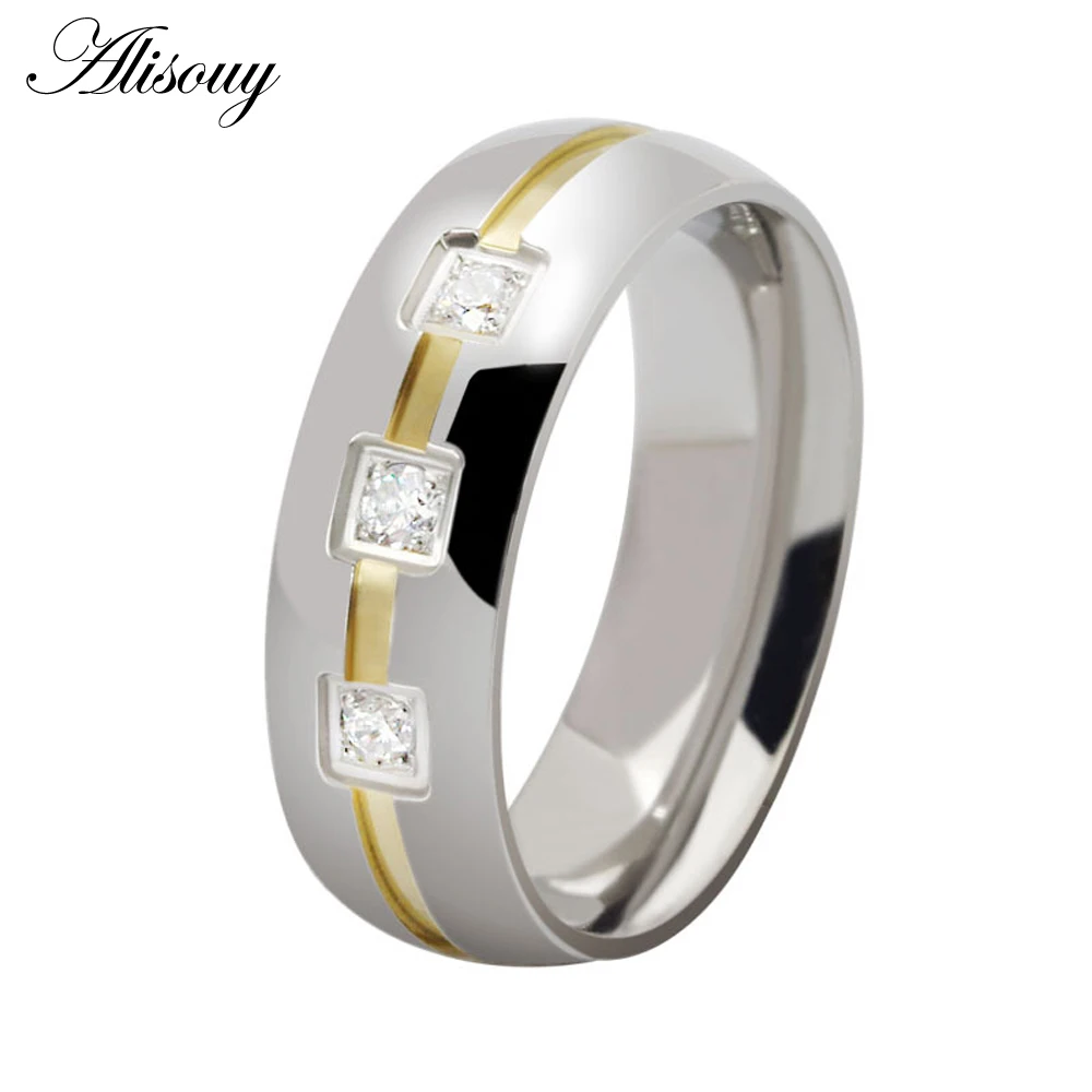 

Alisouy Fashion unisex ring cozy smooth titanium Steel Ring for men women with three little crystal in the middle beauty ring