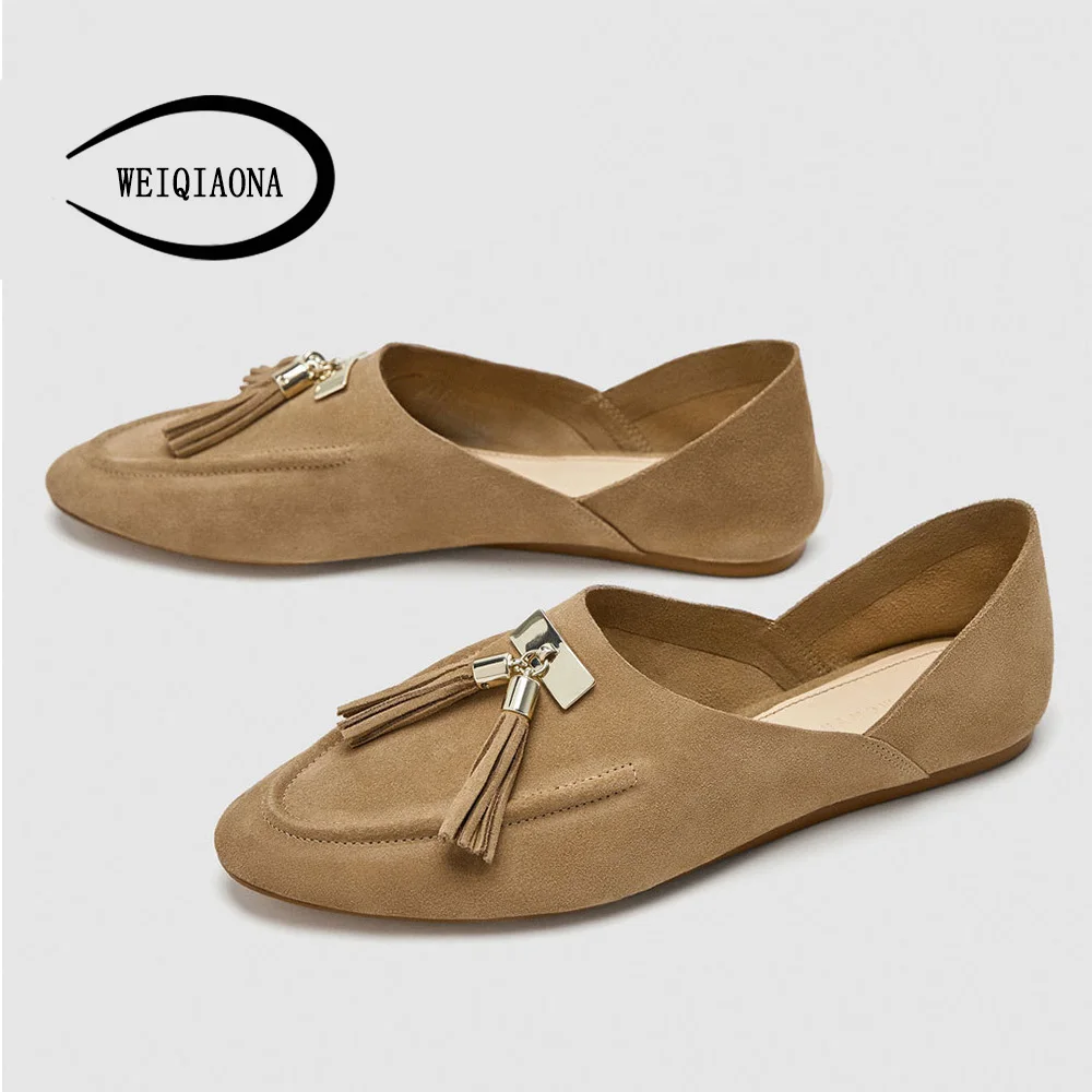 

WEIQIAONA 2019 Luxury Brand Design Fashion Women Shoes Cow Suede Casual Flat Low Shoes Pionted Toe Loafers Ladies Shoes