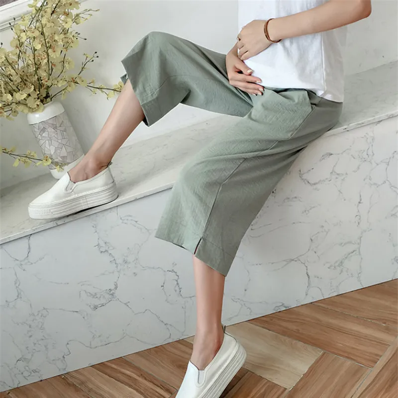 

Linen Maternity Pants Summer Length Wide Leg Thin Capris Pants Vintage Clothes For Pregnant Women Clothing Pregnancy Trousers