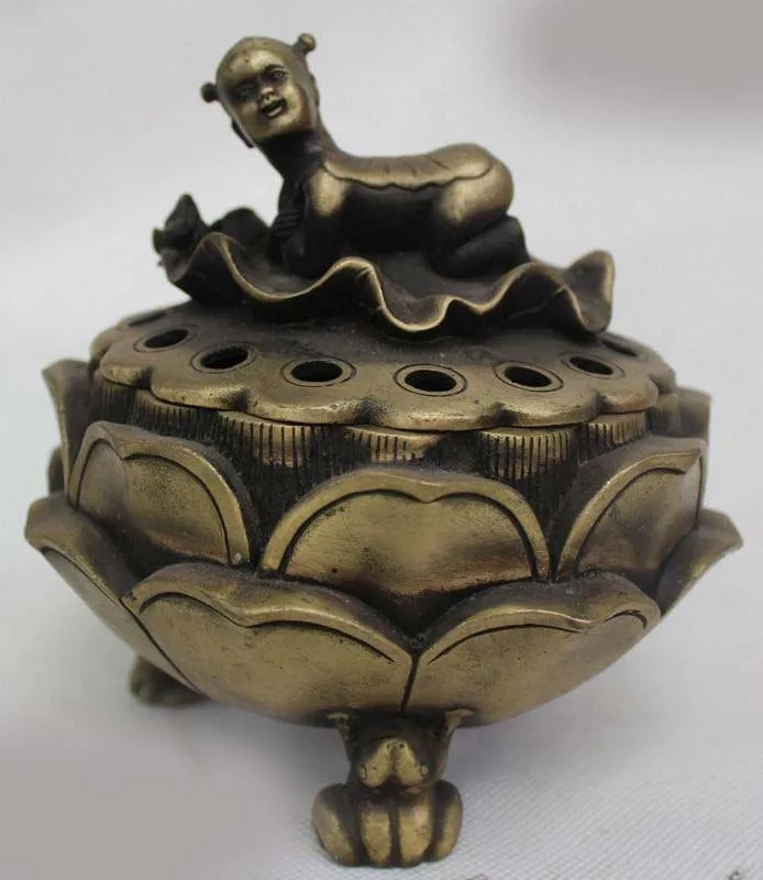 

6"Chinese Folk Bronze Lucky lotus flower Boy Statue Incense Burner Censer