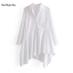 SheMujerSky белая блузка Для женщин Длинные Нерегулярные подол рубашки 2018 сращены с длинным рукавом Дамы топы blusa