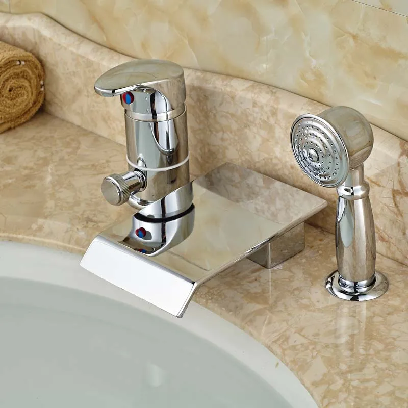 

Polished Chrome 3pcs Waterfall Spout Bathtub Faucet Single Handle with Handshower Tub Filler