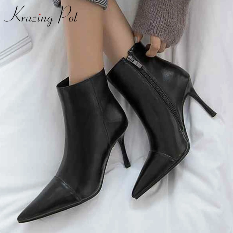 

Krazing Pot 2018 genuine leather stiletto thin high heels office lady basic boots style plus size pointed toe ankle boots L22