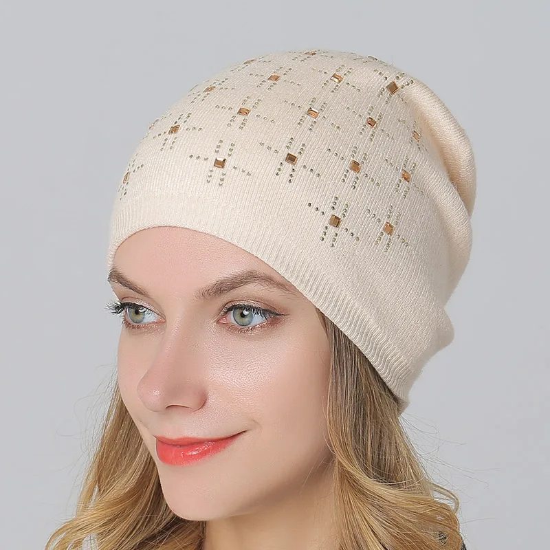 Winter Knitted Hats for Women with Rhinestone Wool Knit Skullies