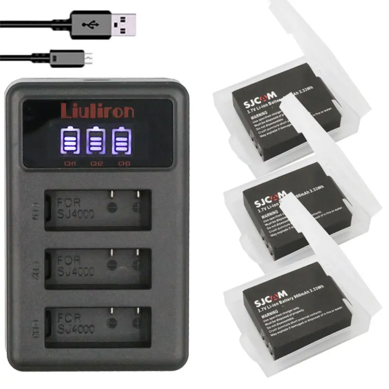 4 аккумулятора для камеры SJ4000 SJ5000 + 3 комплекта зарядных устройств USB с ЖК дисплеем
