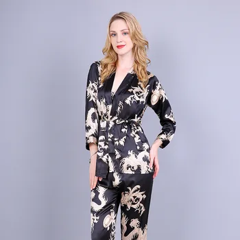 

3 PIECE Printing Dragon Pajama Set Silk Bathrobe Set Women Sexy Lingerie Bridesmaid Pajamas Robe Set