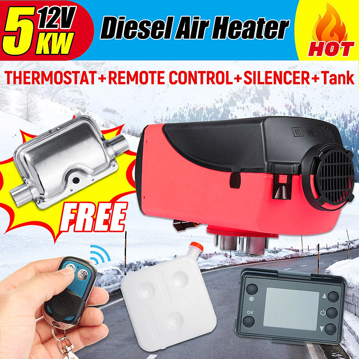 

Car Heater 12V 5000W Air Diesels Heater LCD Monitor Single Hole Car Parking Heater Remote Control For Trucks Boats Bus RV Newest