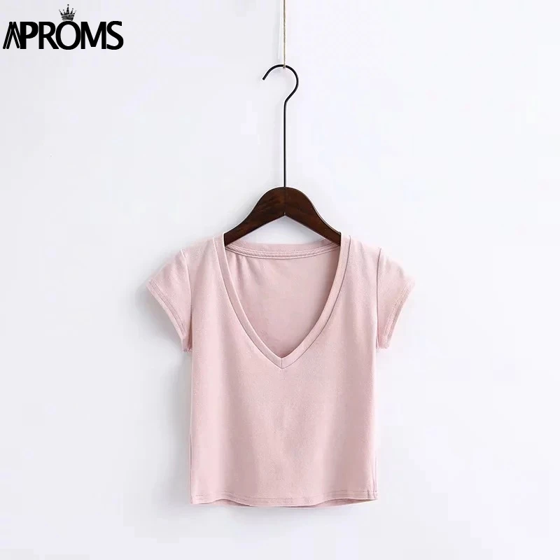 Aproms الأبيض الأساسية تي شيرت عارضة ديب V الرقبة تي شيرت رائع بأكمام قصيرة النساء الشارع الشهير المحاصيل أعلى الإناث اقتصاص التي شيرت تيز