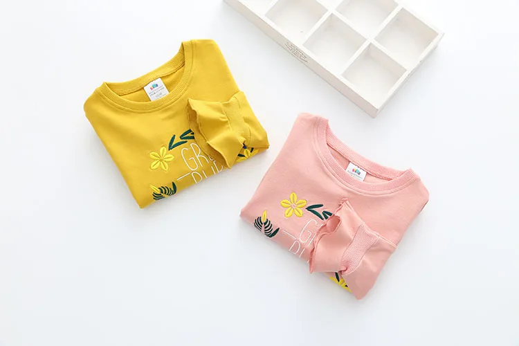 Autumn Spring Fashion Cute 2 3 4 5 6 7 8 9 10 Years Children Flower Letter Flare Trumpet Sleeve Kids Baby Girl Sweatshirts