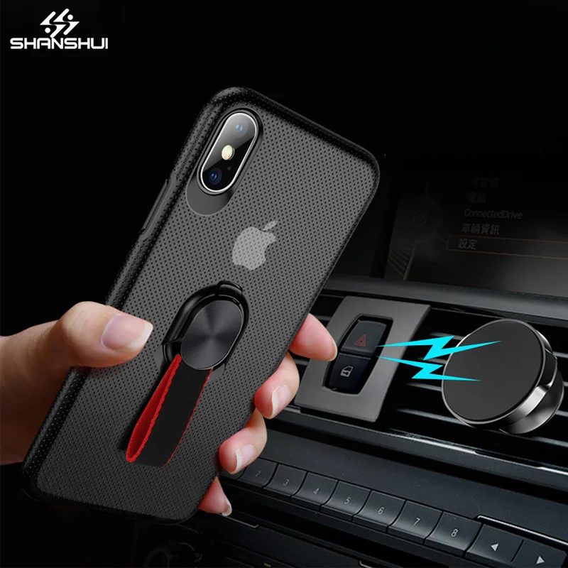 SHANSHUI Case For iphone 7 8 Plus X Hard PC+TPU Stand Finger Strap Ultrathin Business Magnetic Bumper Frame Plastic Back Cover |