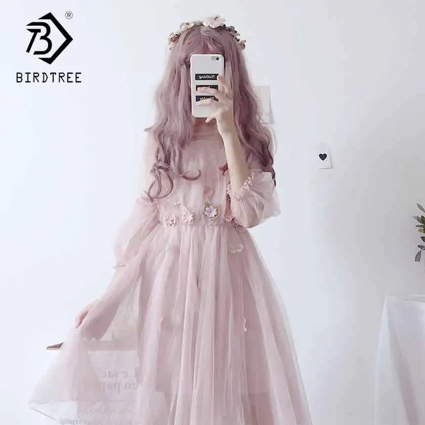 

2019 New Arrival Summer Women's Solid Camisole Inside Mesh Lace Sweet Dress Female appliques 2 Pieces Puff Sleeve Dresses D93001