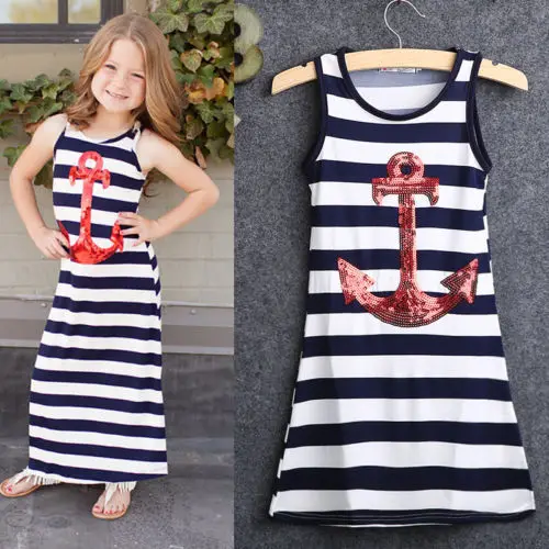 Kids Baby Girls Toddlers Casual Sleeveless Anchors Striped Beach Long Maxi Dress 