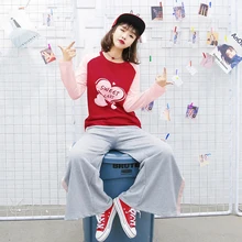 Милая футболка Лолита для принцессы осенняя одежда для девочек в японском стиле с принтом в виде сердца, розовая хлопковая футболка с длинными рукавами VC110