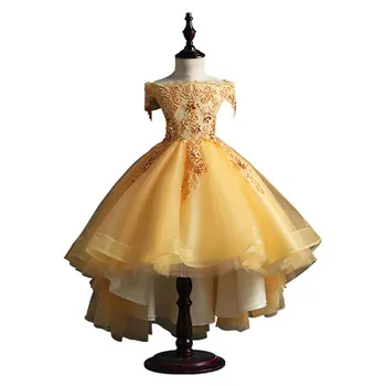 

Free ship childrens girl light golden slash collar embroidery ruffled stage performance ballet tutu dress