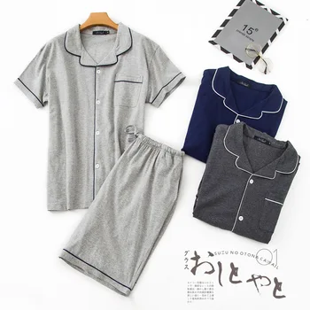

New European Version Sleepwear Plus Size Pajama Sets Men's Summer Short-sleeved Shorts 100% Cotton Household Solid Pyjamas Suits