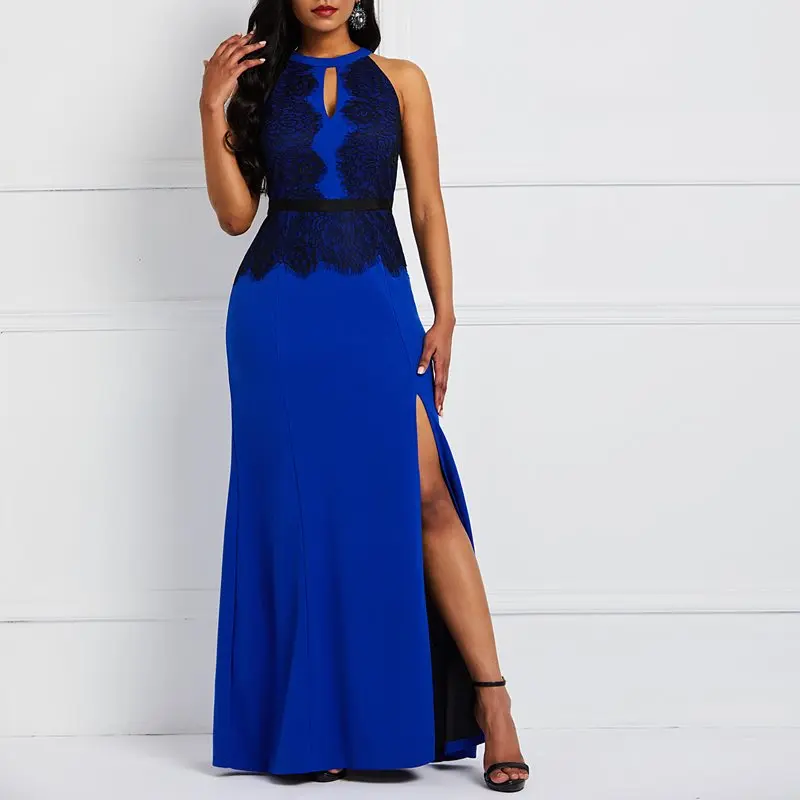 

Summer Halter Sexy Lace Party Long Dress Elegant Evening Women Blue African Robe Vintage Luxury Split Ladies A Line Maxi Dresses