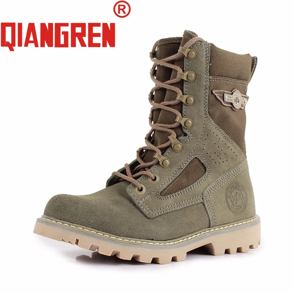 QIANGREN Military Factory Direct Men's Spring Autumn Cow Suede Canvas Rubber Army Green Boots