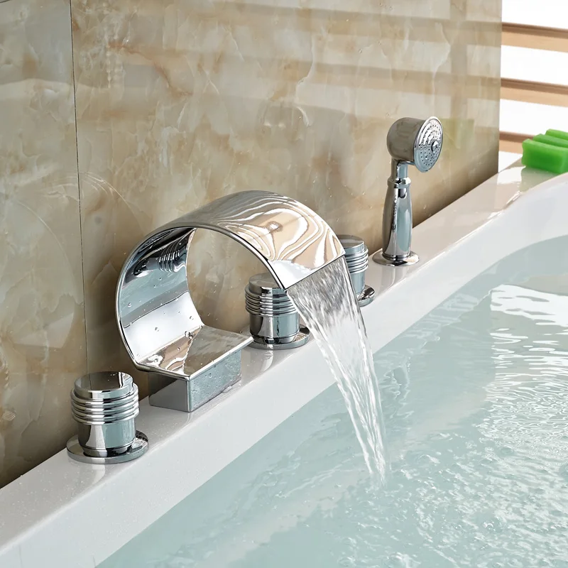 Deck Mount Waterfall Roman Tub Mixer Faucet Widespread Bathroom Tub Filler with Handshower