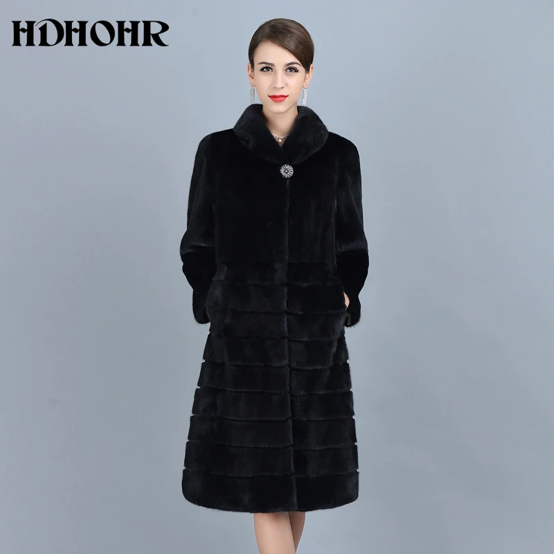 HDHOHR 2018 Fashion Natural Mink Fur Coats Women Good Quality Black Genuine Fur Parkas Warm Winter Long Real Mink Jacket Female Coats