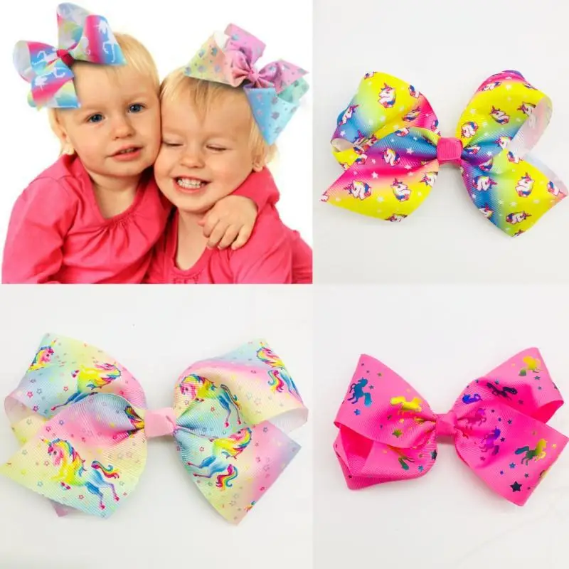 

5" JoJo Bows Unicorn hair clip Rainbow Print Hair Bow With Clips Flamingo hair clip For Girls Colorful Hairpins Hair Accessories