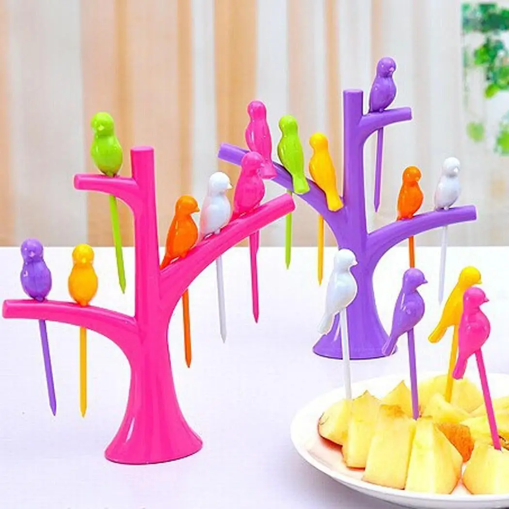 

6Pcs Bird Shape Fruit Forks with Tree Shape Holder Race Fruit Snack Dessert Forks Treetop bracket