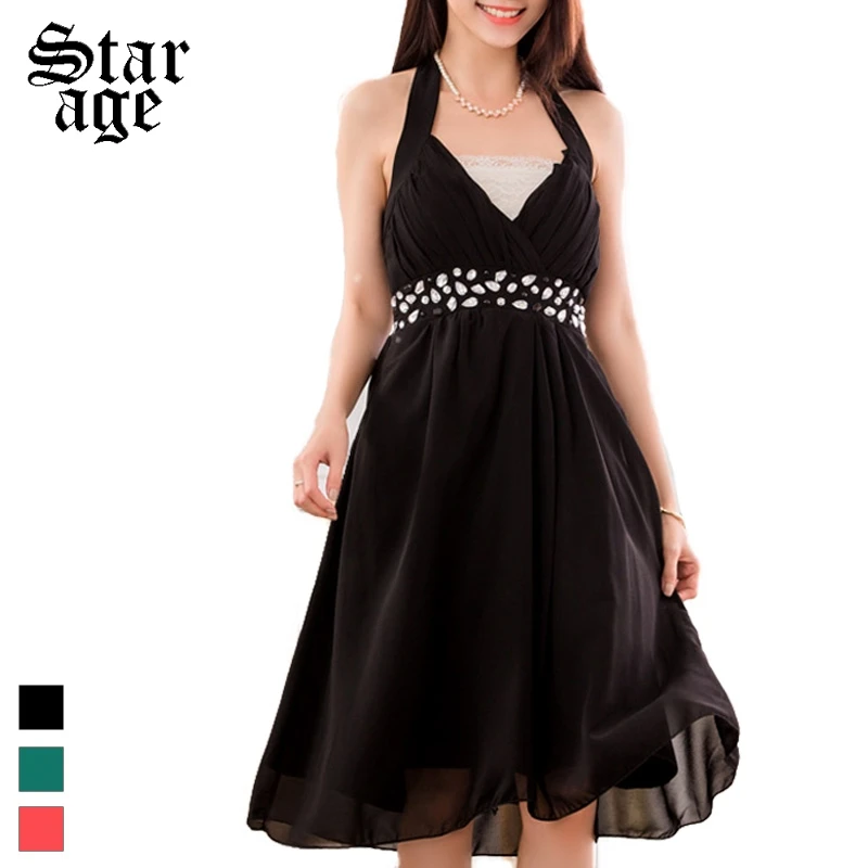 M XXXL Women Diamond Beaded Halter Mid Calf Summer Dresses Female Long