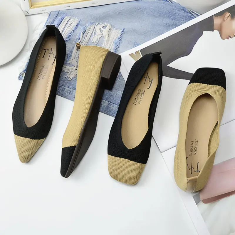 

New Ladies sapato feminino breathable knitted V square/pointed toe moccasins mixed colorloafers stretch shoes women heels