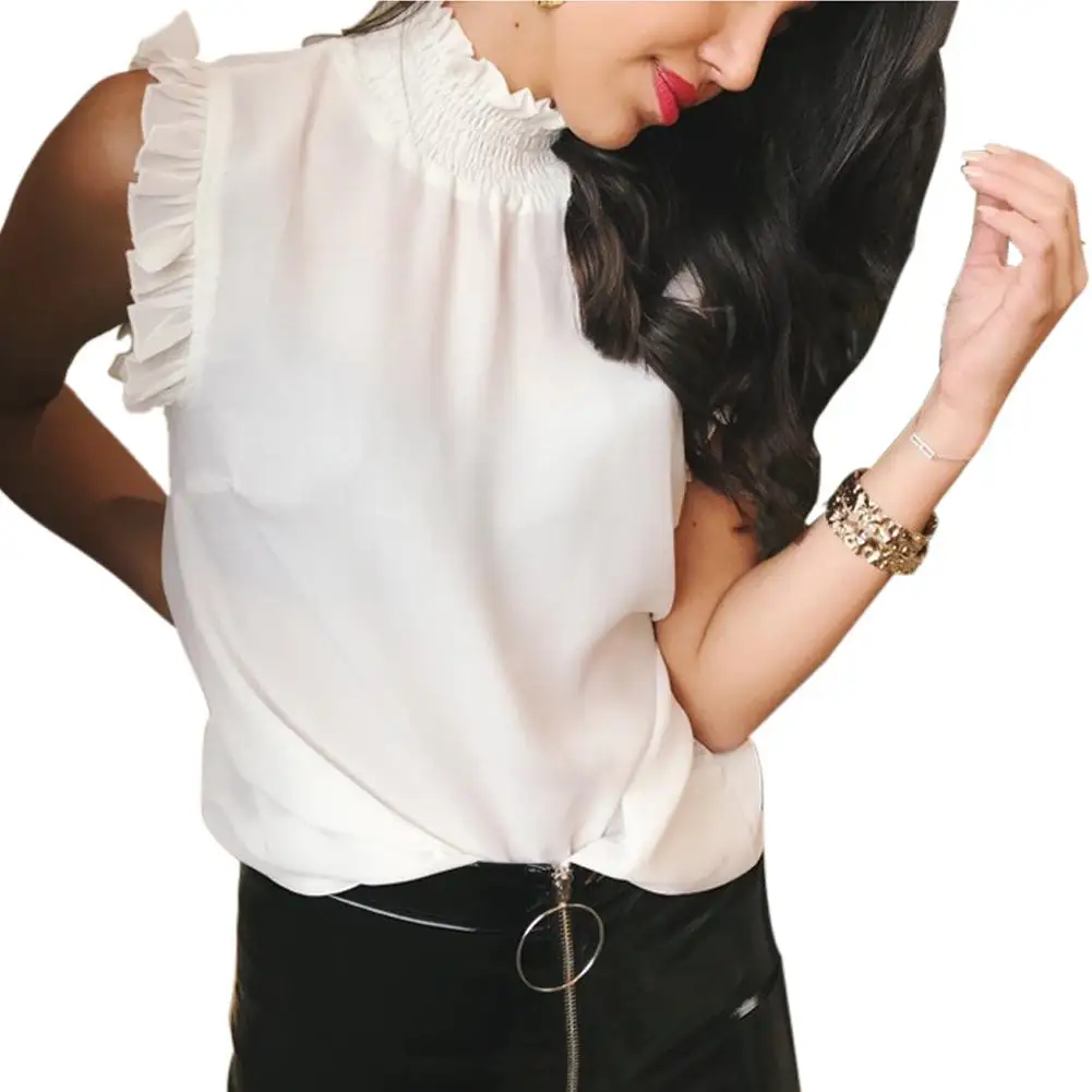 

2019 New Yfashion Women Casual Sleeveless Agaric Edge Tops Solid Color Buttons Shirt