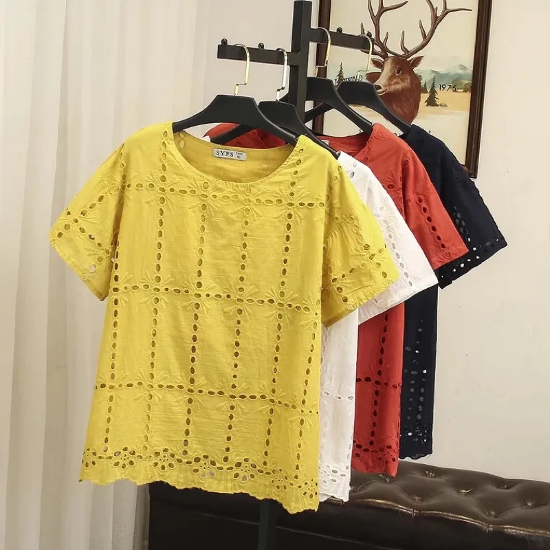 

Ubetoku 2018Women's Summer Cotton T-Shirt Sweet Hollow Out Embroidery Solid Tops Plus Size Office Lady Clothing(T135)