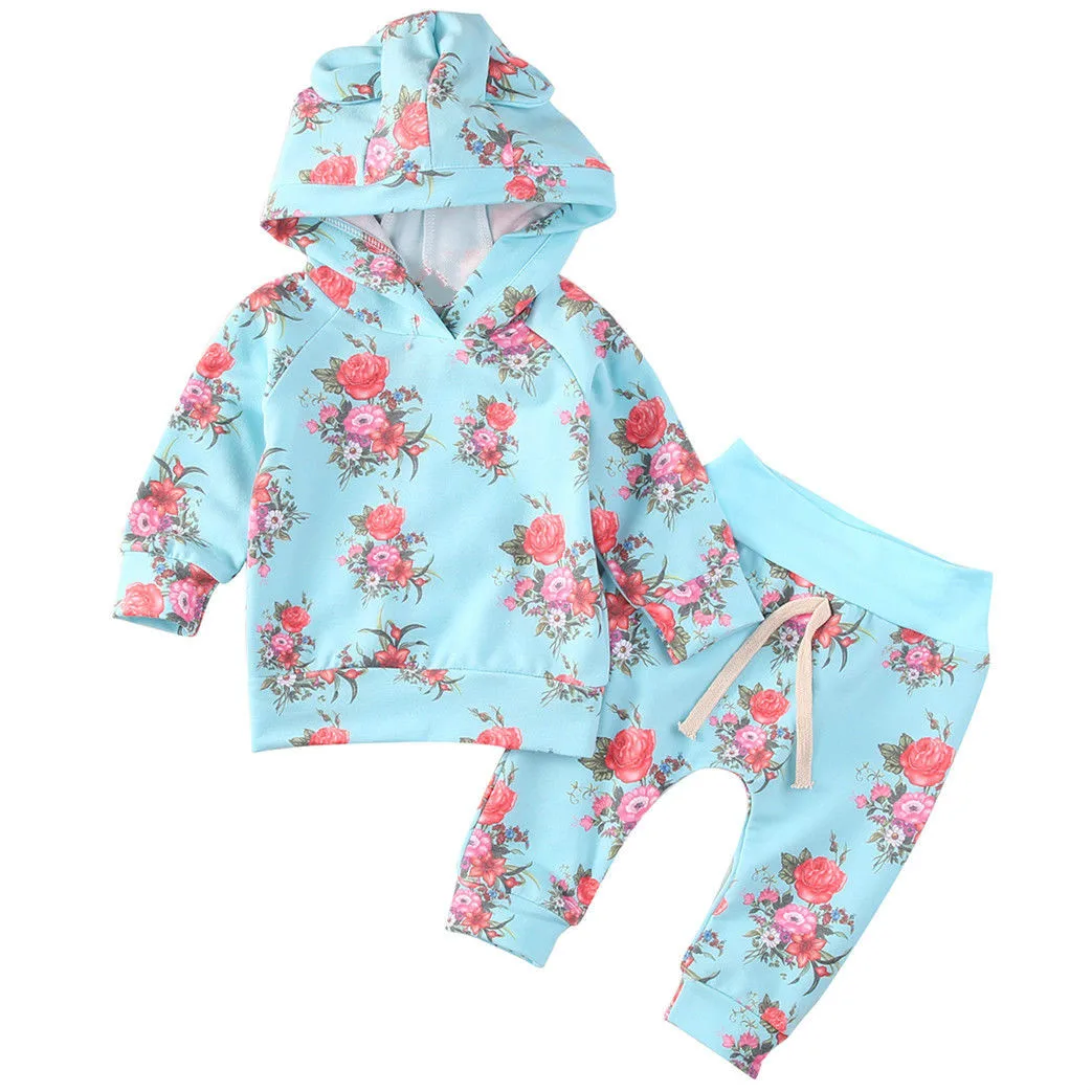 New Red Rose Floral Print Toddler Kids Baby Girl Hooded Sweatshirt Top & Long Pants 2Pcs Outfits