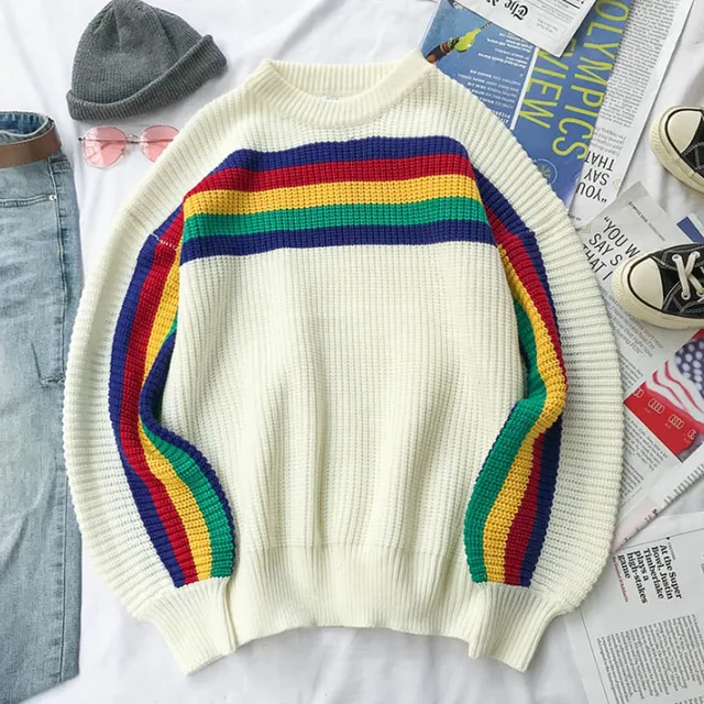 Harajuku Retro Rainbow Knitted Striped Sweater Mens Hip Hop Pullover ...